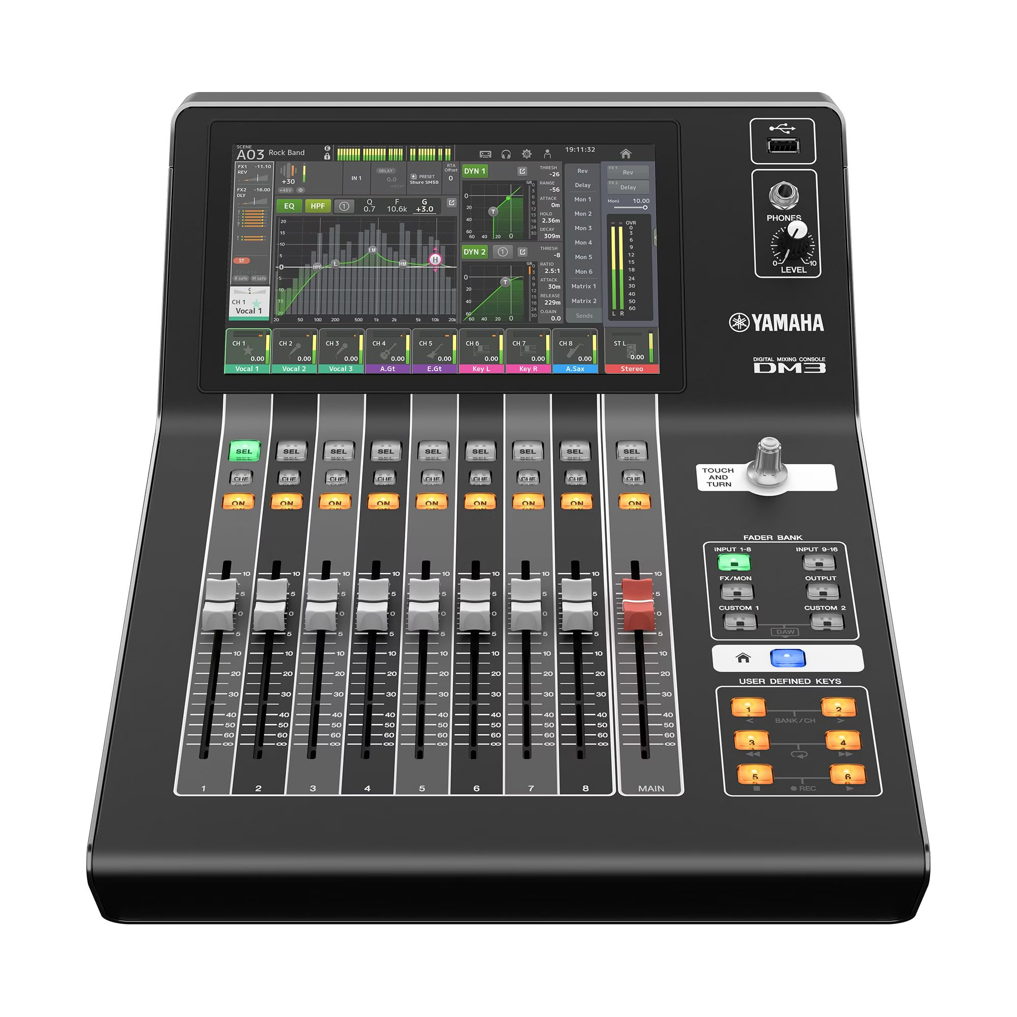 Front view of a Yamaha DM3 digital mixing console.